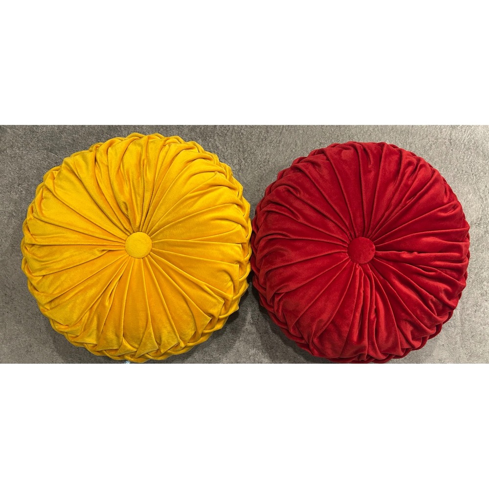 Set of 2 Round Velvet Pleated Throw Pillows Red and Yellow Decorative GM14